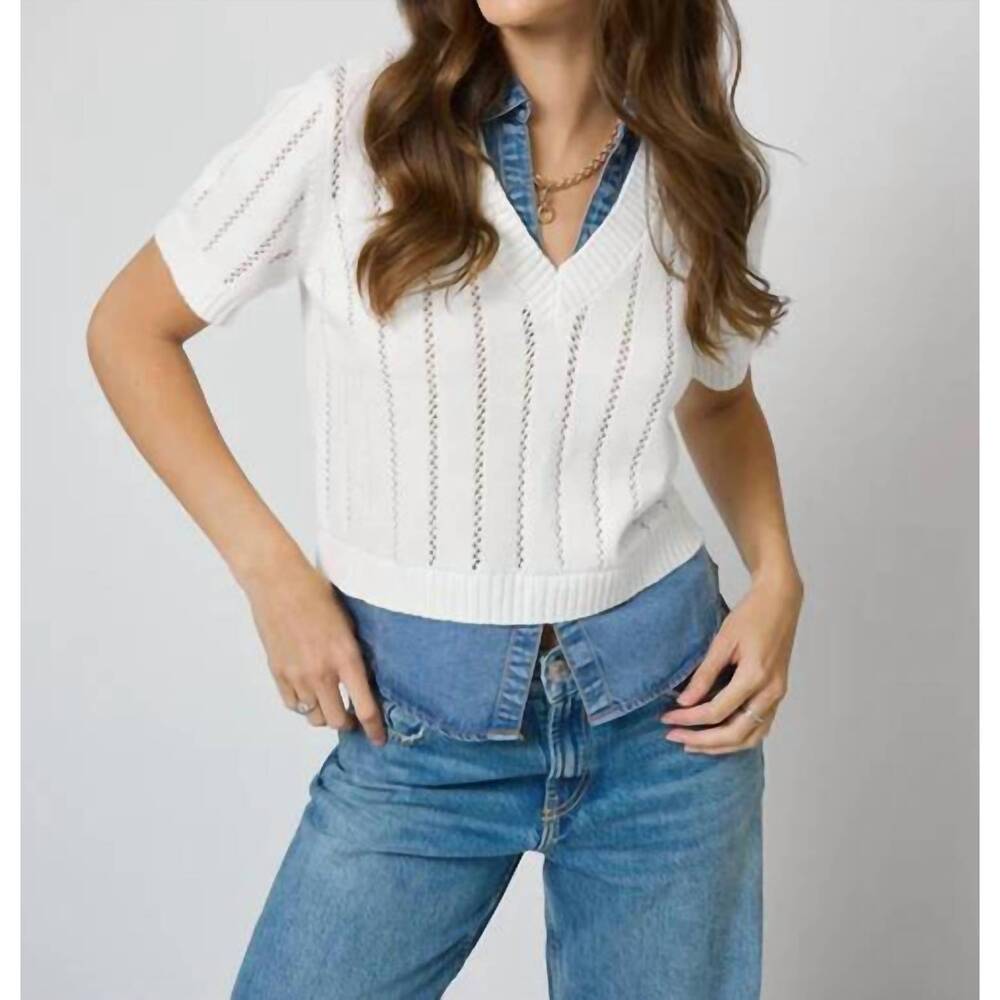 NEW CENTRAL PARK WEST kendall tencel twofer blouse in ivory denim blue - Picture 1 of 5